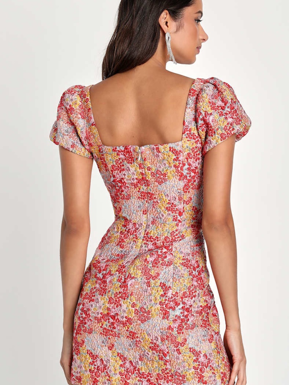 Lulus Floral Jacquard Puff-Sleeve Mini Dress - Picture 3 of 6